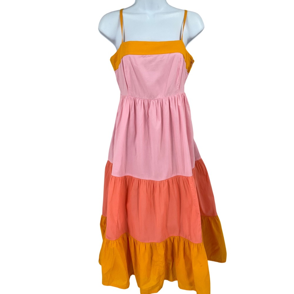 J.Crew Tiered Midi Dress Women 0 Pink Orange Colorblock Cotton Boho Sun Dress
